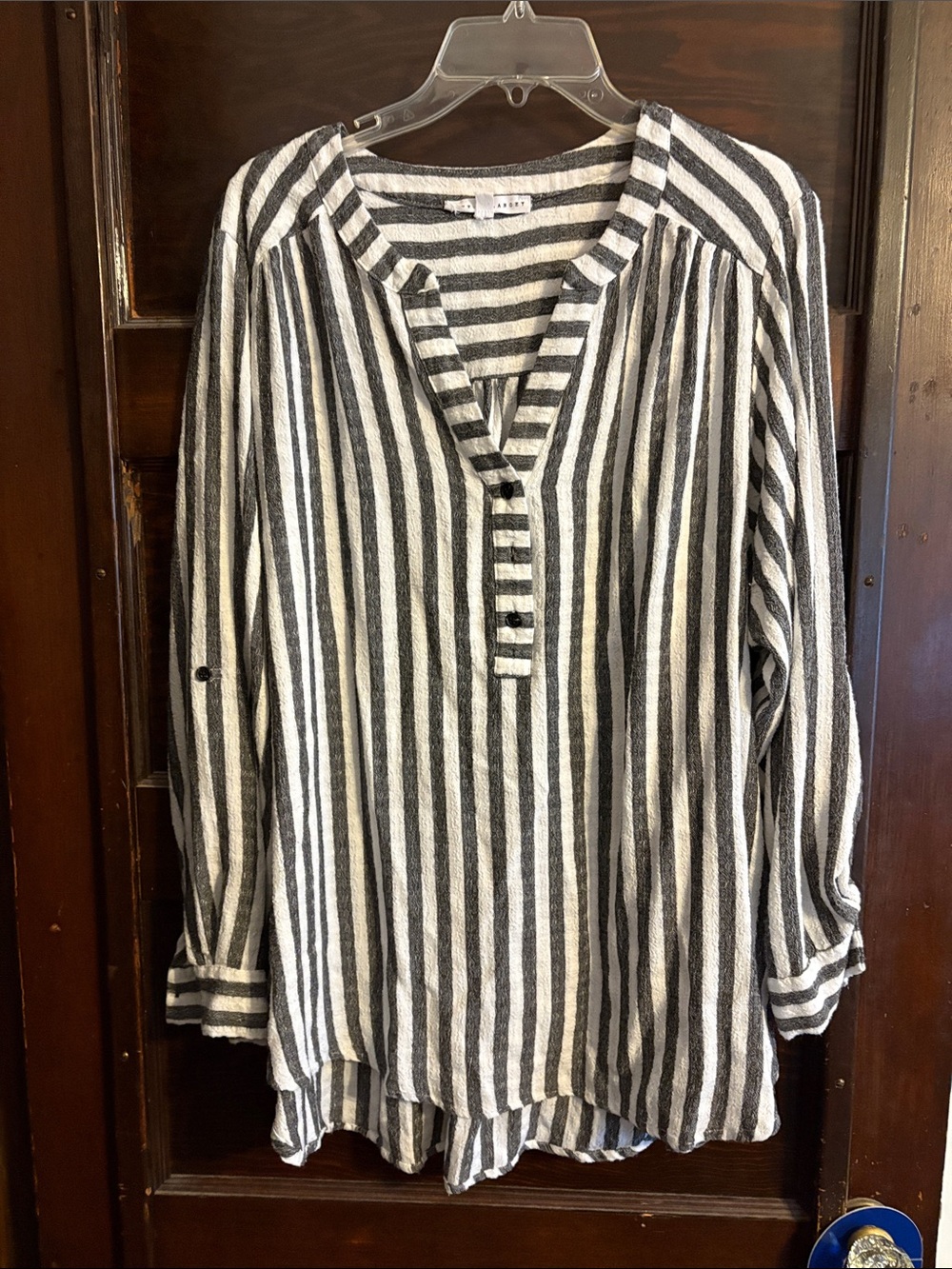 Jane and Delancey Black and White Striped Henley Tunic